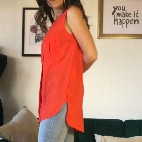 Orange Button Down Tunic Sleeveless Slightly Sheer Top Size S/M - Picture 2 of 8